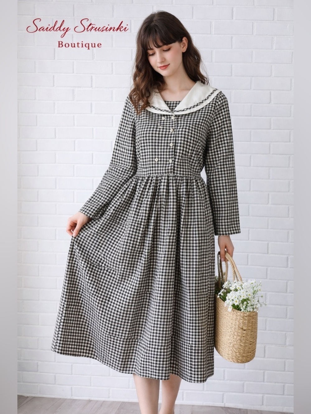 Vintage Style Black White Gingham Dress Sailor Collar Cottagecore Tie Back/ M